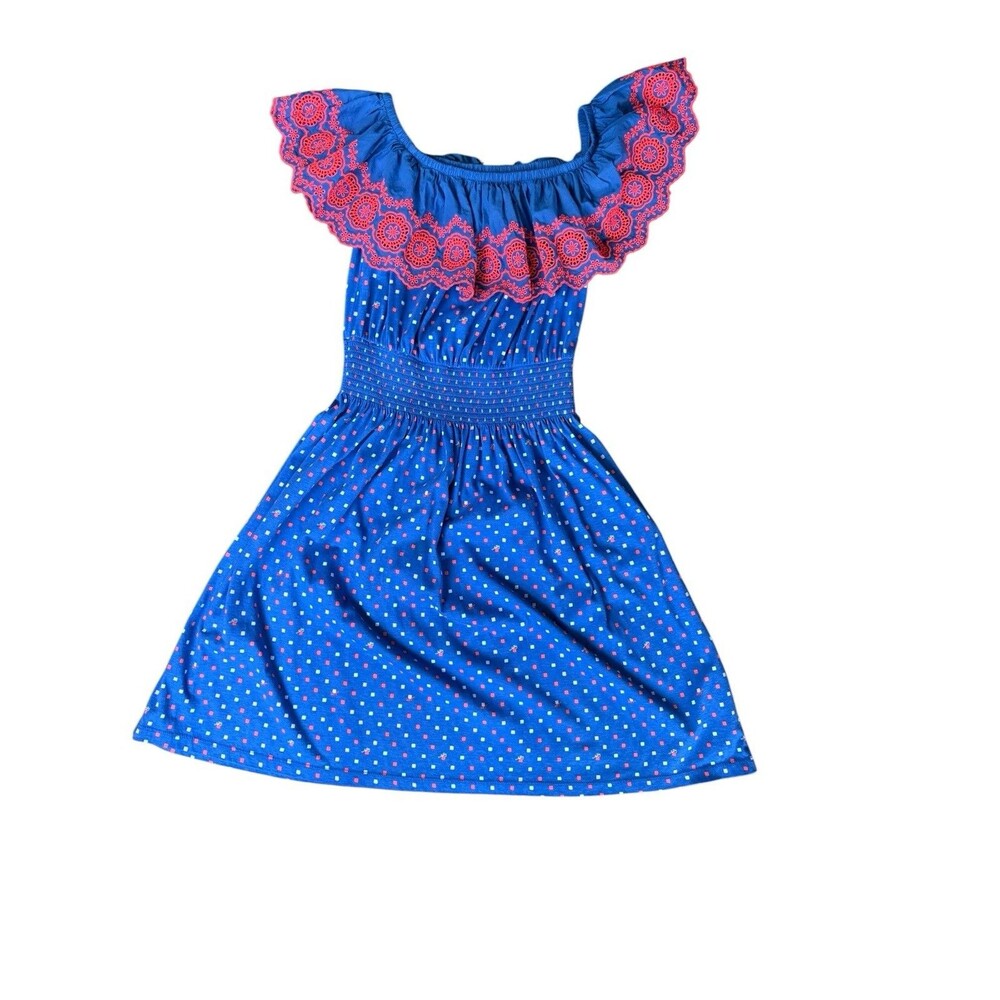 Lilly Pulitzer Kalama Off Shoulder Smocked Dress XS Borealis Blue Embroidered